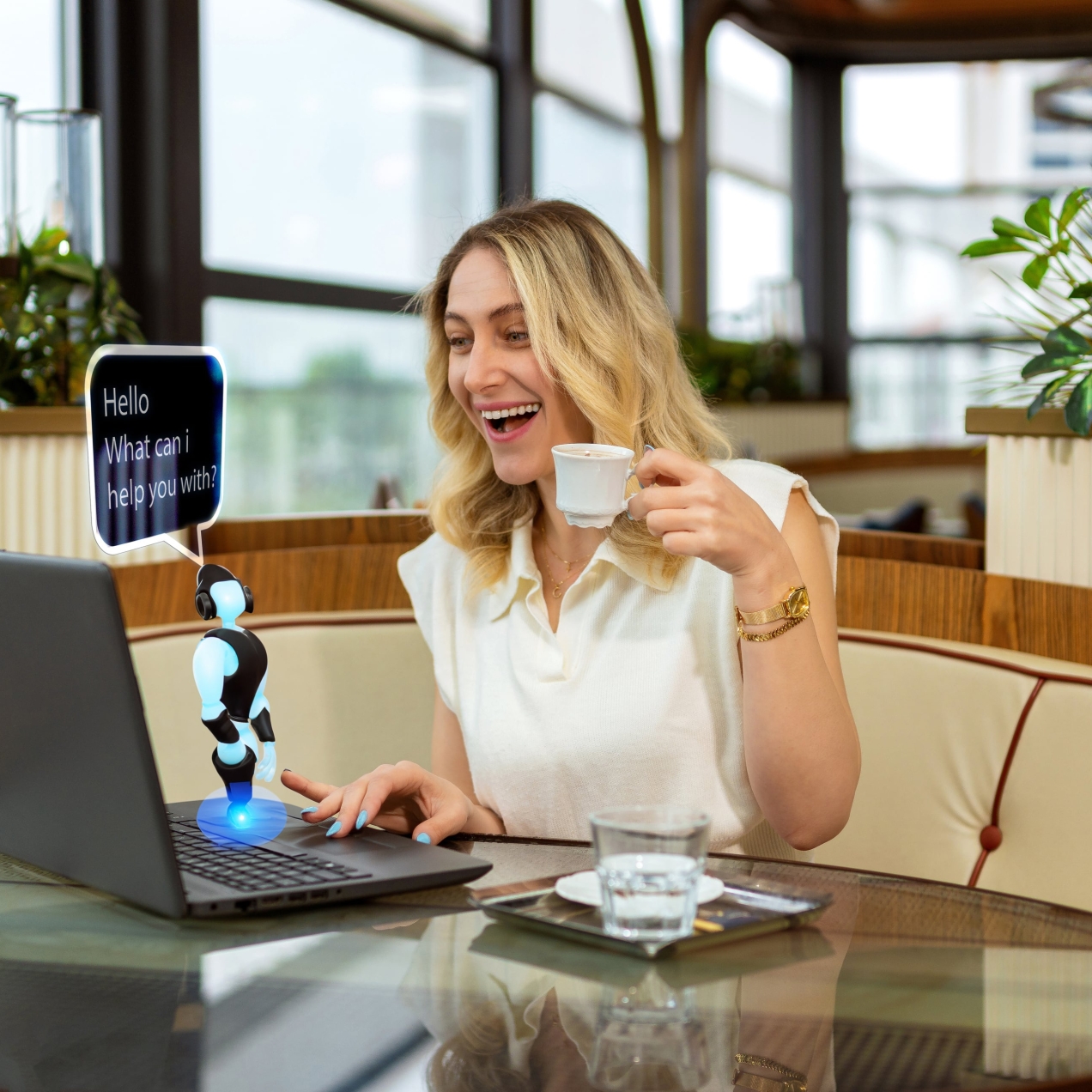 A young white blonde woman sits at her laptop smiling and holding a coffee cup while a computer generated miniature robot stands on her laptop. A speech bubble reads hello what can I help you with.  The room is edged by windows with green plants